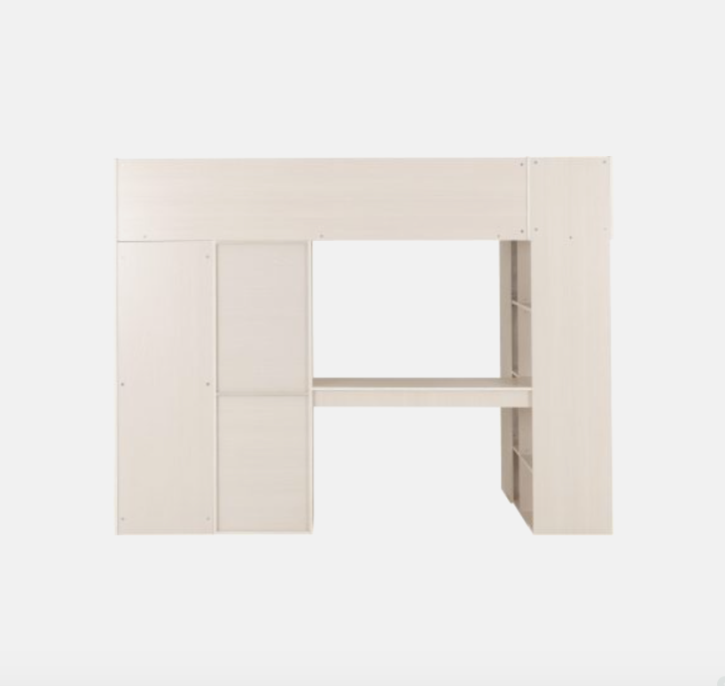 White wooden desk with a shelf on a white background