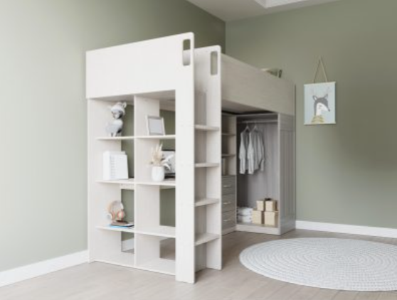 White loft bed with bookshelf and closet in a room with green walls and a round rug.
