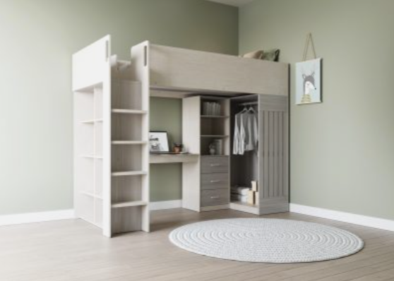 Modular bedroom furniture with a bed, bookshelves, and closet in a room.