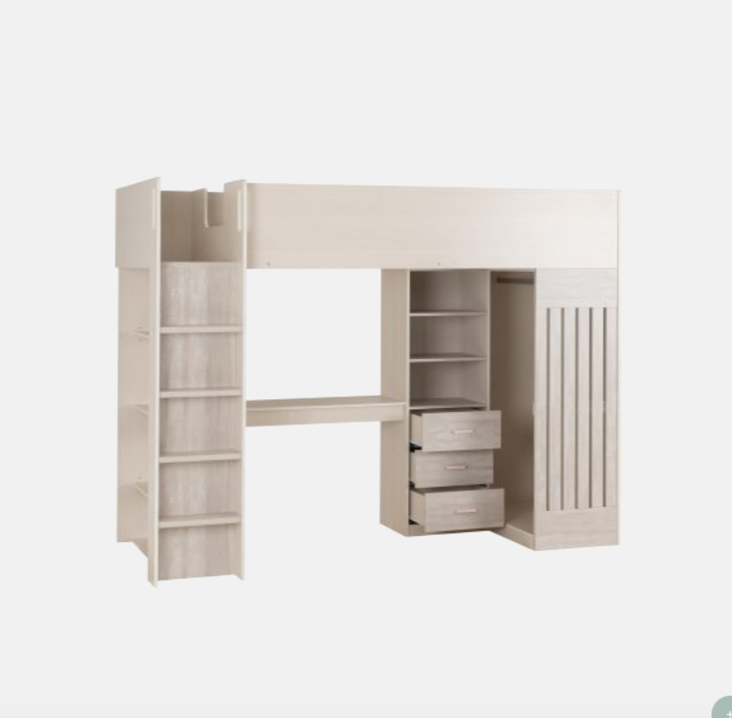 Beige loft bed with desk and shelves on a white background