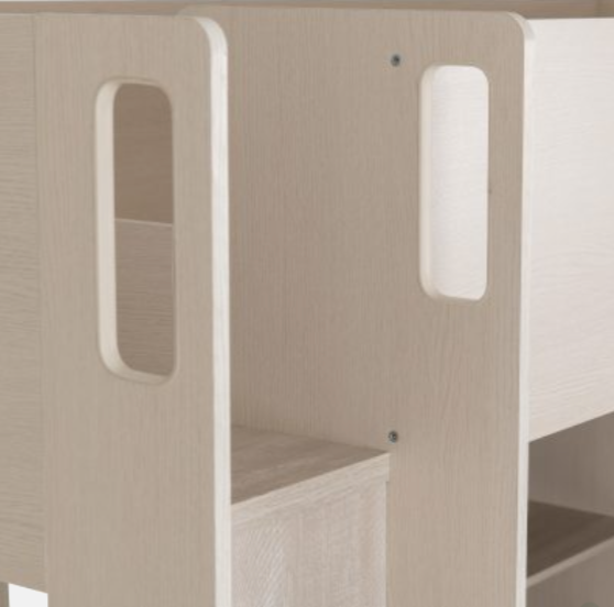 Beige wooden shelf with cut-out design on a white background