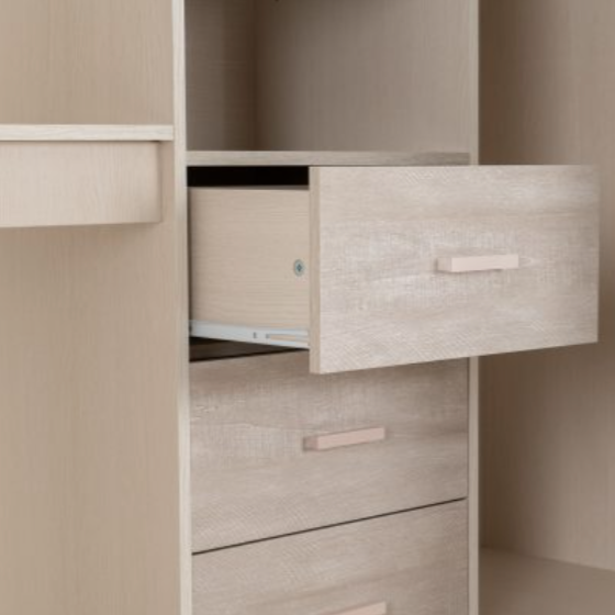 Beige wooden cabinet with open drawers in a neutral setting