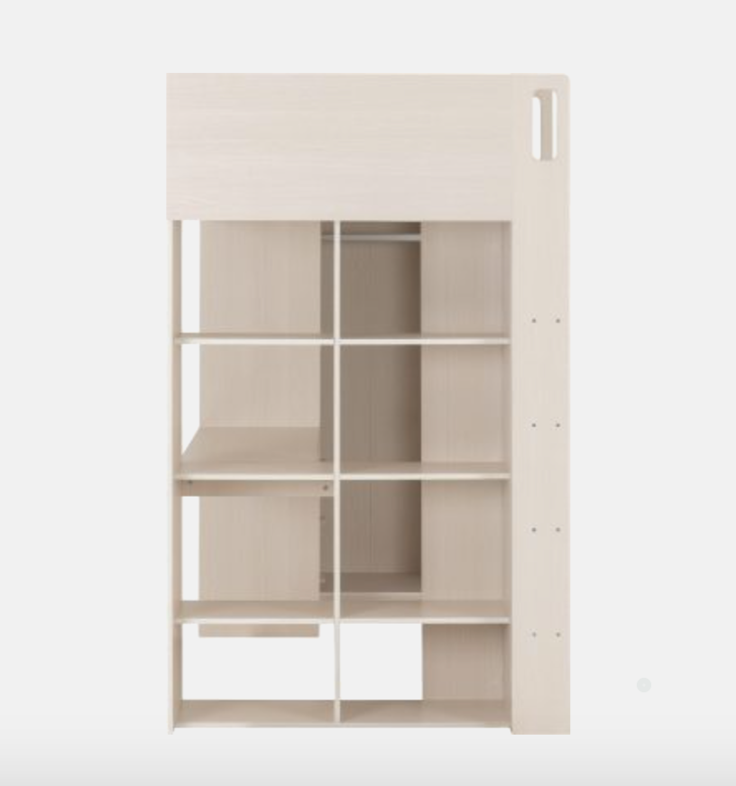 Beige bookshelf with glass panels on a white background