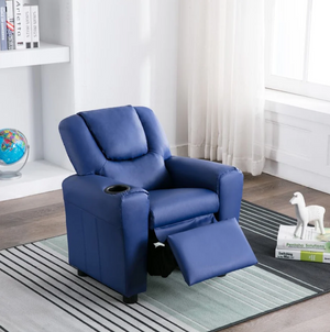 Blue recliner chair in a room with a bookshelf and window.