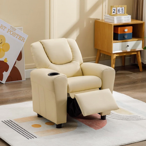 Beige recliner chair in a living room setting with a side table and poster.