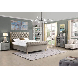 Modern bedroom with mink upholstered bed, nightstands, and decor.