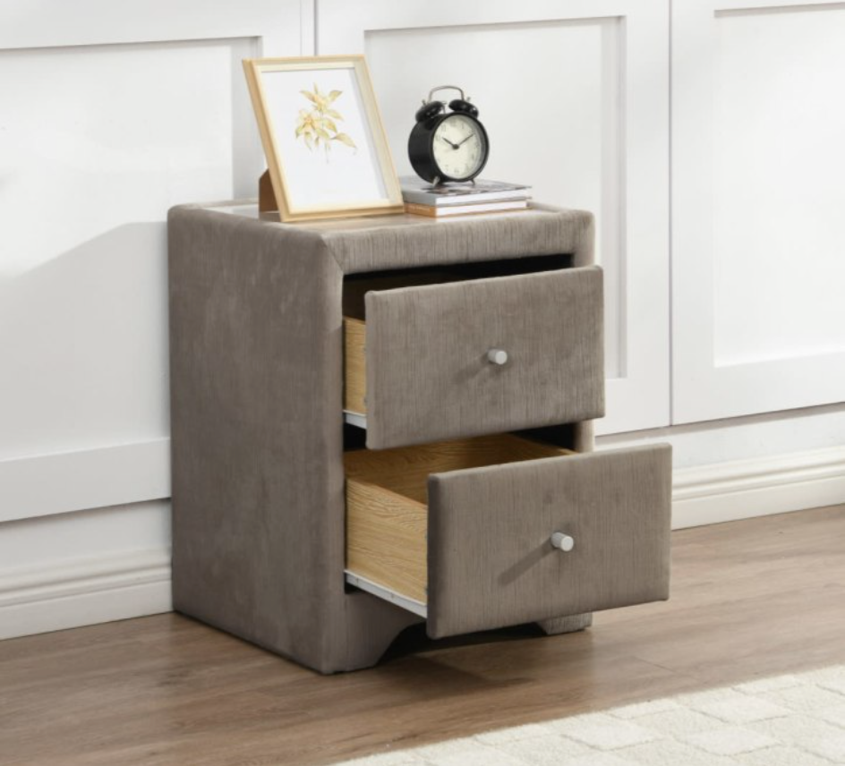 Gray nightstand with two drawers, clock, and picture on a wooden floor.