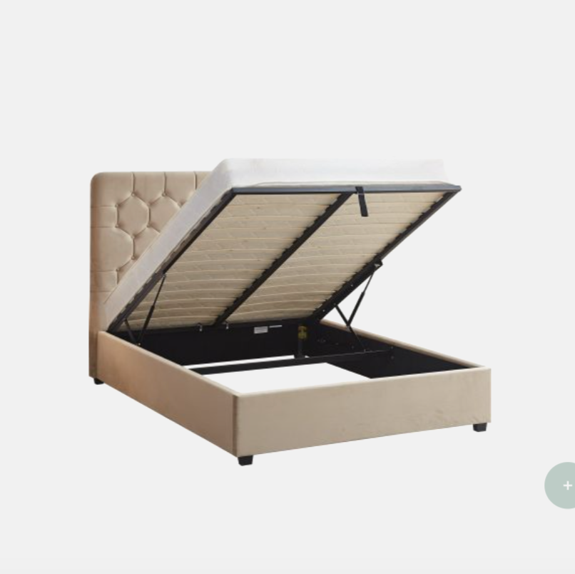Beige upholstered bed with open storage compartment on a white background