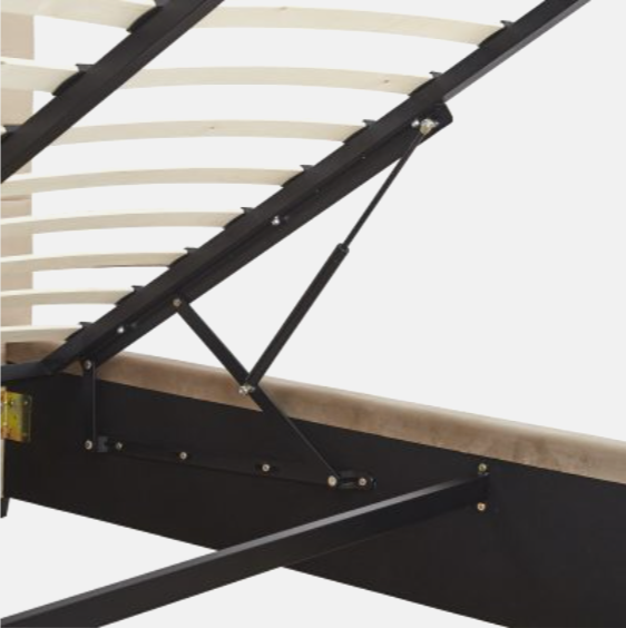 Close-up of a bed frame with wooden slats and black metal support on a white background