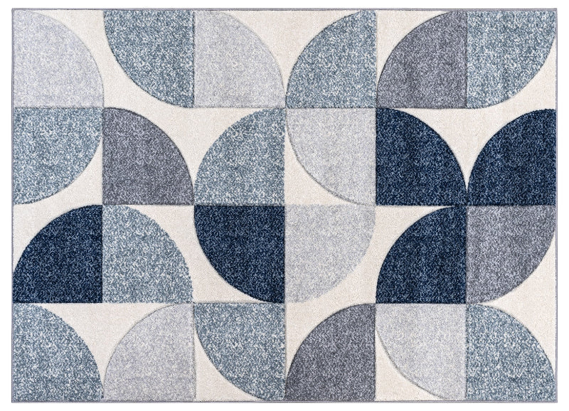 Rug with geometric pattern of blue, gray, and beige circles on a white background