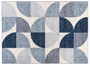 Rug with geometric pattern of blue, gray, and beige circles on a white background