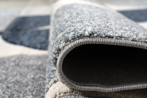 Close-up of a gray and blue checkered rug with a textured border.