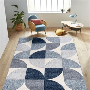 Geometric patterned rug in a room with a chair, table, and plants.