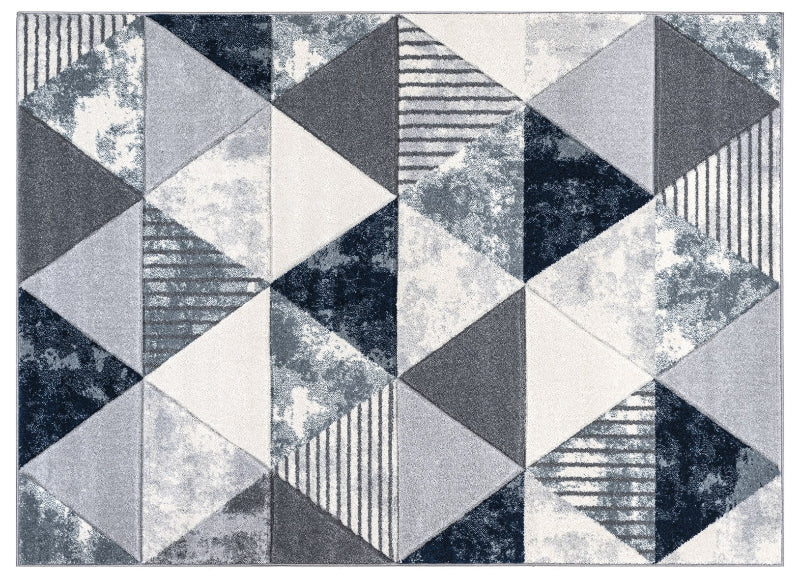 Geometric patterned rug with triangles and stripes in gray and white.