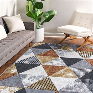 Living room with a geometric patterned rug, sofa, and chair.