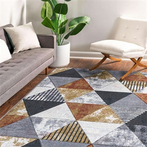 Living room with a geometric patterned rug, sofa, and chair.
