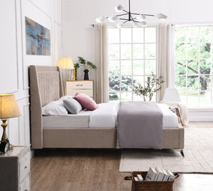 Modern bedroom with a bed, nightstands, and large windows.