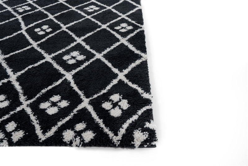 Close-up of a black and white patterned rug on a white background