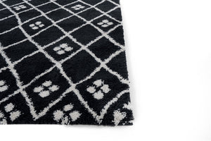 Close-up of a black and white patterned rug on a white background