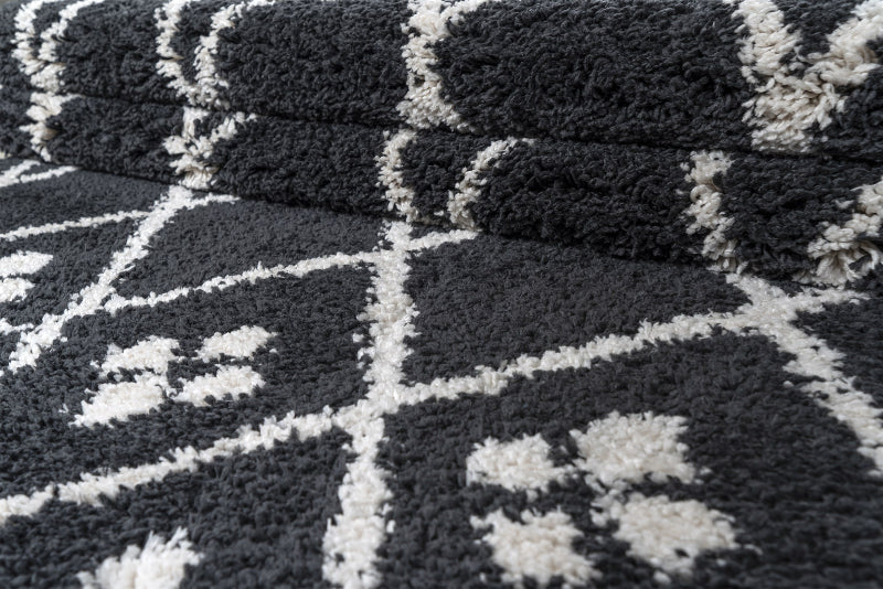 Close-up of a textured black and white patterned rug