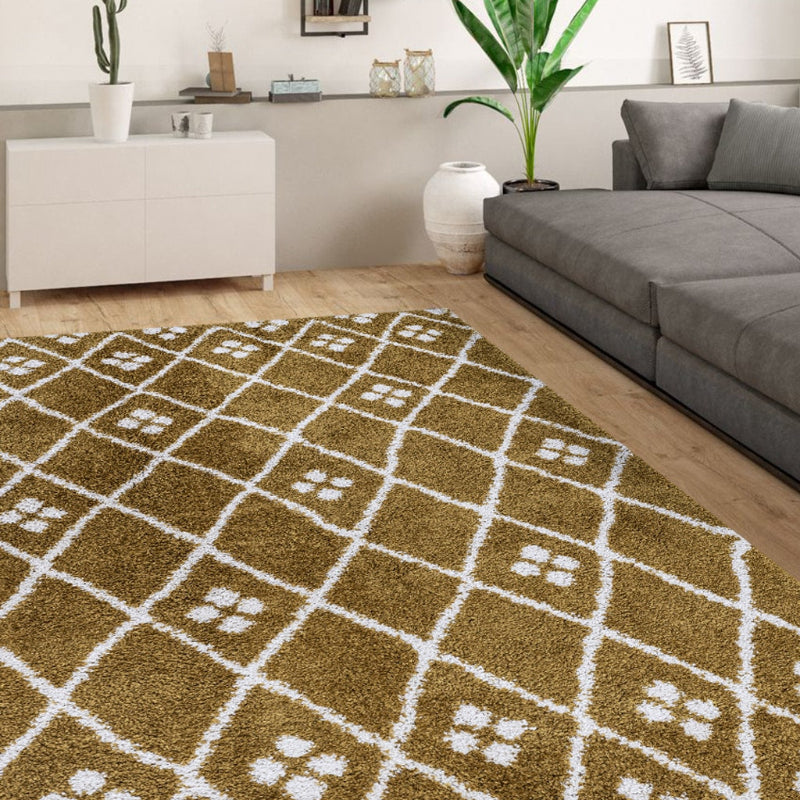 Living room with a patterned mustard and white rug, grey sofa, and decorative items.