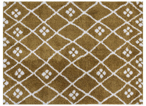 Mustard rug with white geometric pattern