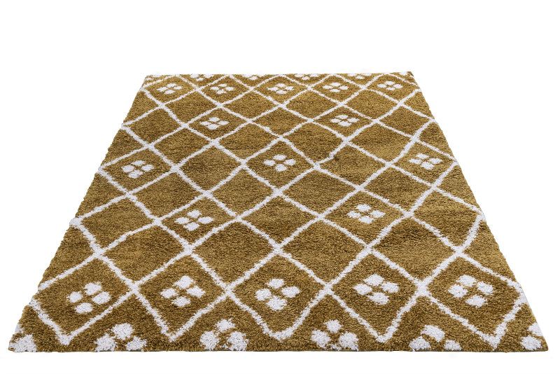Mustard rug with white geometric pattern on a white background