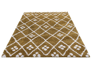 Mustard rug with white geometric pattern on a white background