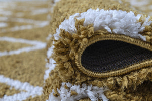 Close-up of a textured brown and white rug corner