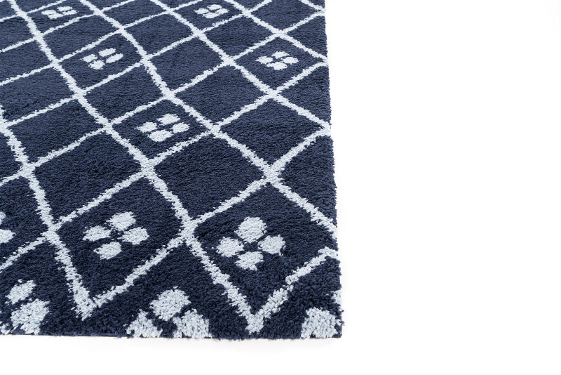 Navy blue rug with white paw print pattern on a white background