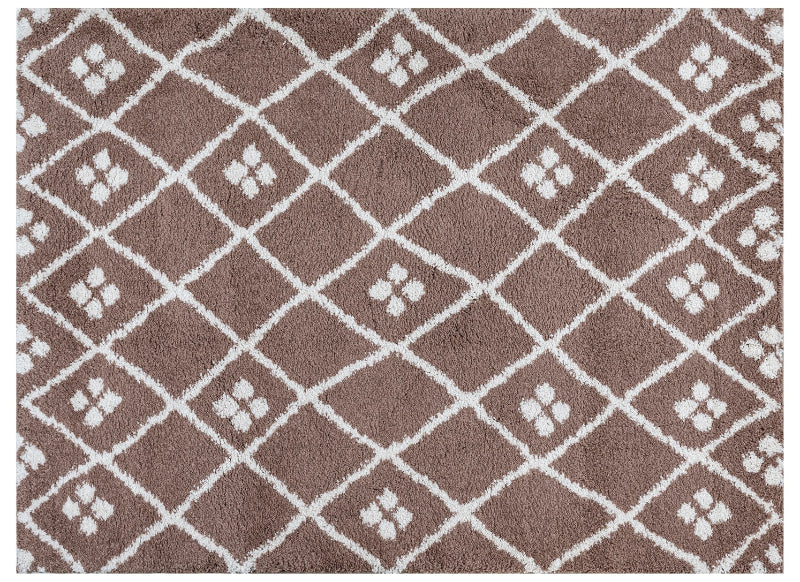 Brown and white patterned rug with diamond design
