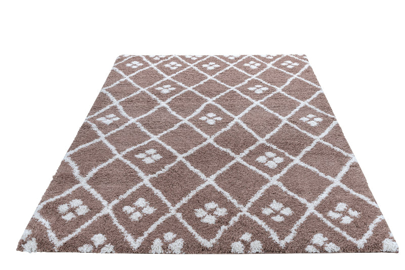 Brown and white patterned rug on a white background