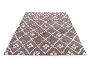 Brown and white patterned rug on a white background