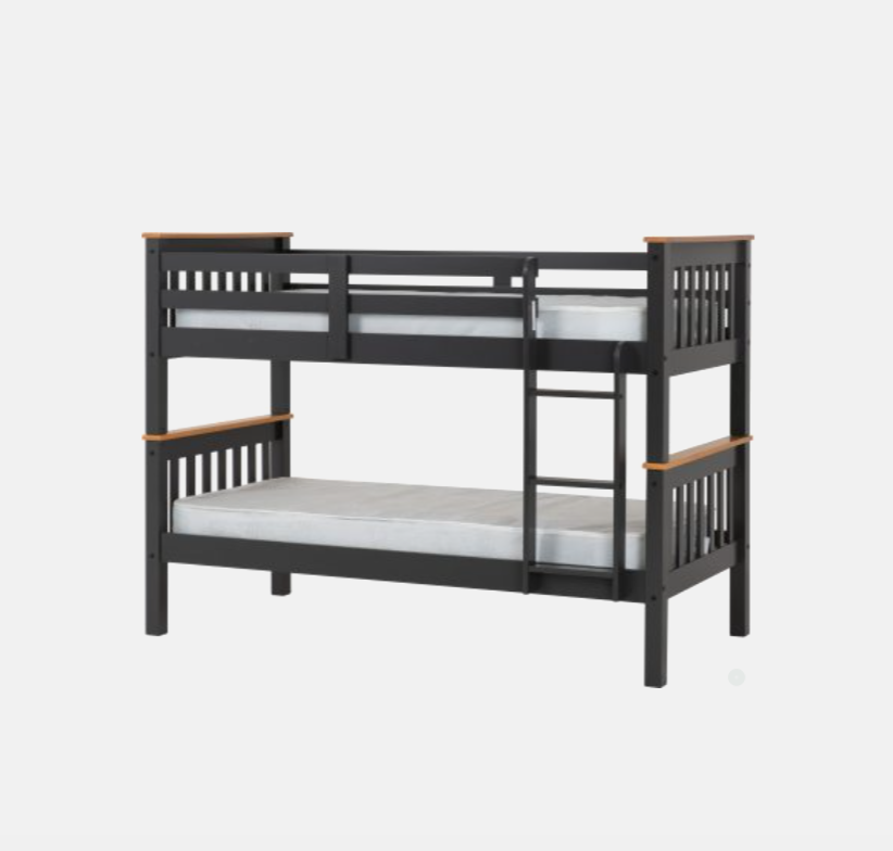 Black bunk bed with wooden accents on a white background