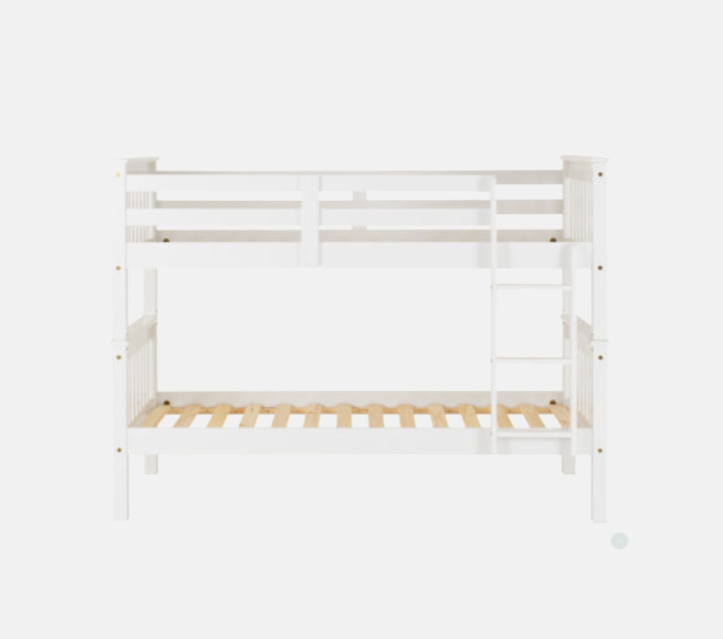 White bunk bed with wooden slats on a white background