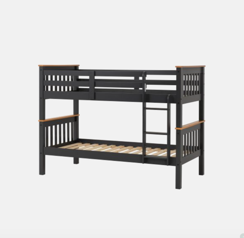 Black bunk bed with wooden accents on a white background
