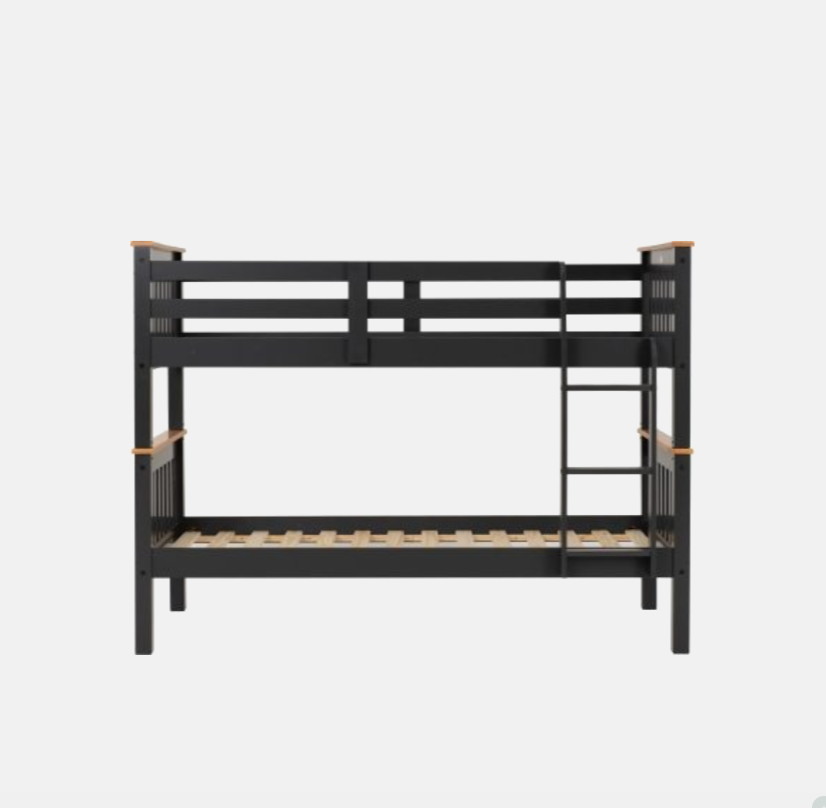 Black wooden bunk bed on a white background