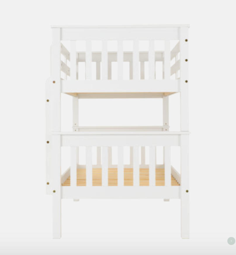 White bunk bed with wooden slats on a white background