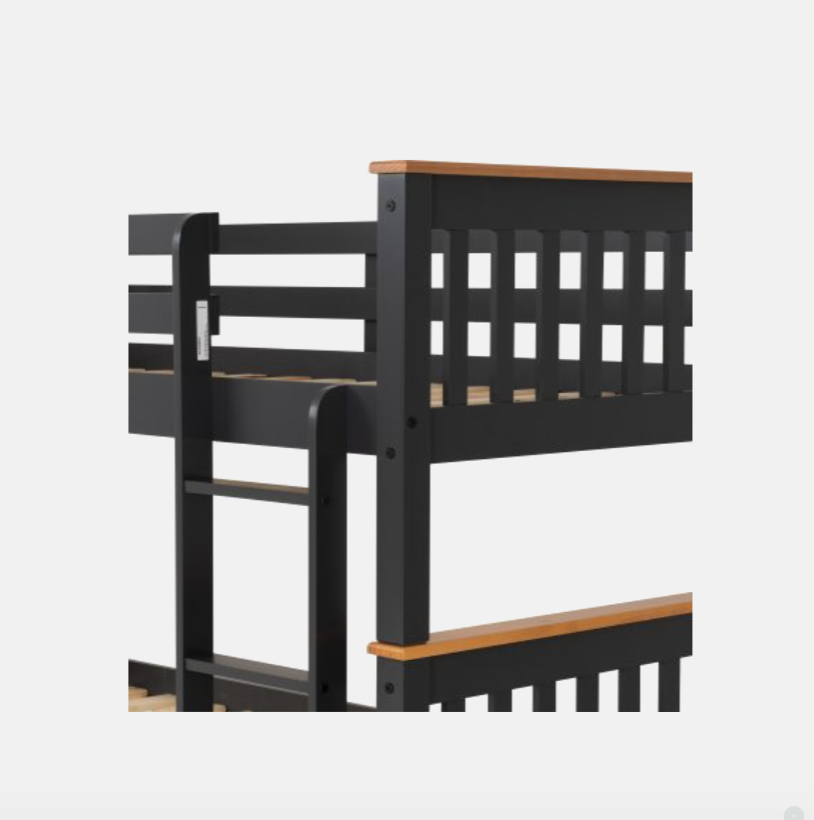 Black and wooden bunk bed on a white background
