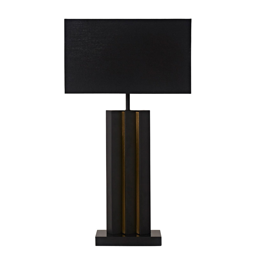 Black table lamp with a rectangular shade on a white background