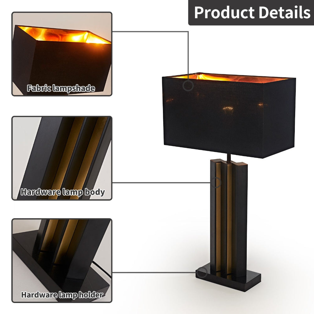 Black table lamp with fabric lampshade and hardware components labeled.