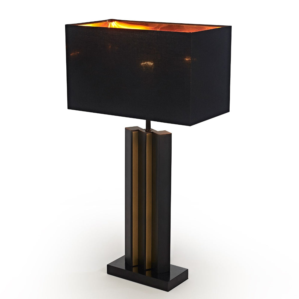 Black table lamp with a square shade on a white background
