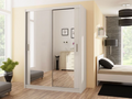 Modern bedroom with a mirrored wardrobe and bed.
