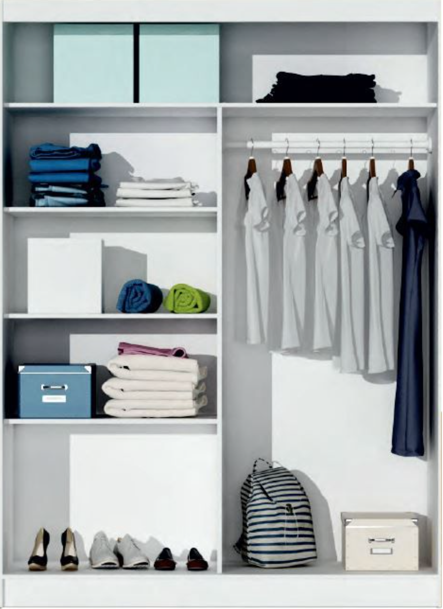 Closet with shelves, hangers, and folded clothes on a white background