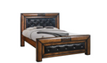Wooden bed frame with black upholstered headboard and footboard on a white background