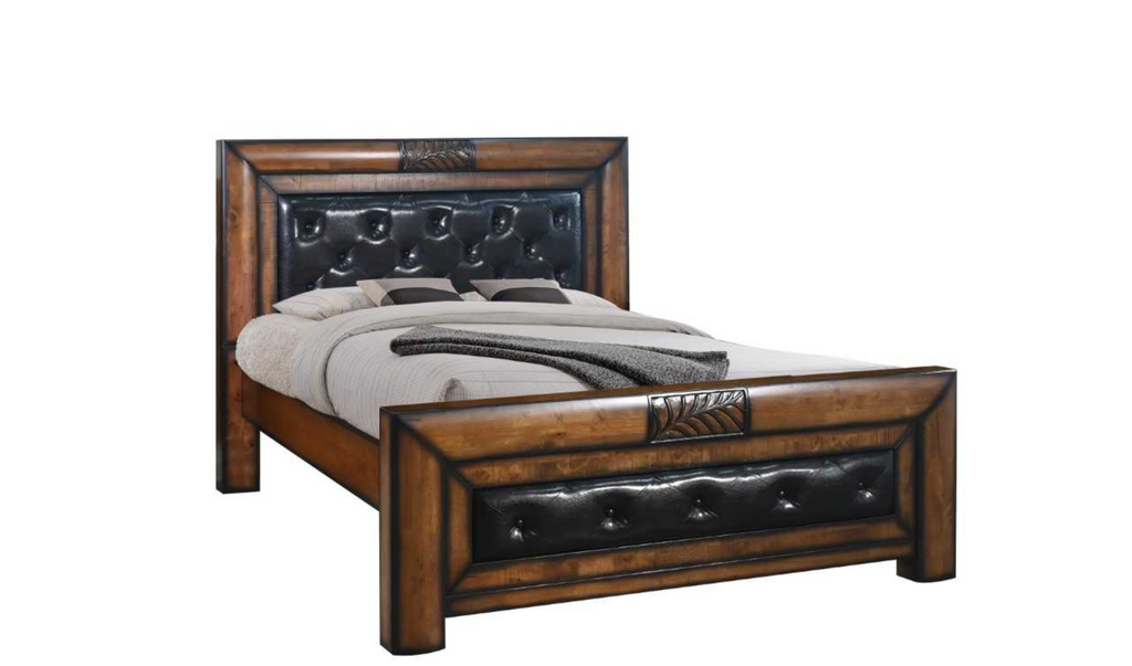 Wooden bed frame with black upholstered headboard and footboard on a white background