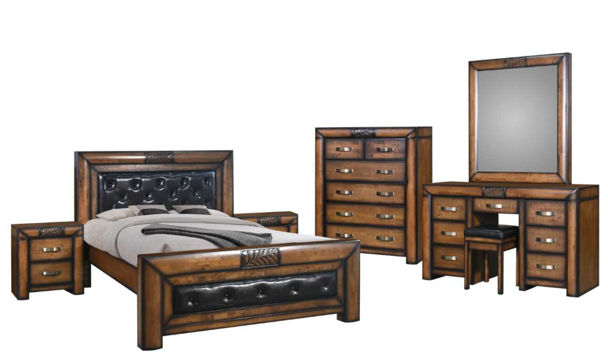 Wooden bedroom furniture set with bed, dresser, mirror, and nightstands on a white background
