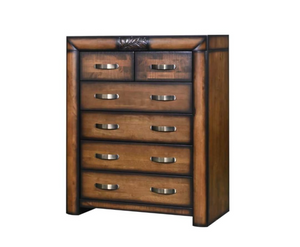 Wooden dresser with multiple drawers on a white background