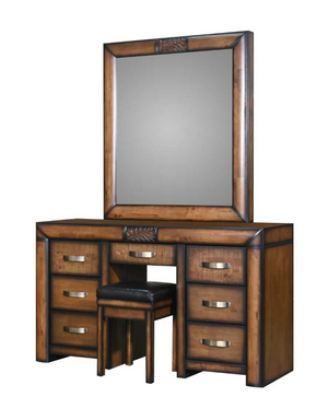 Wooden vanity with mirror and stool on a white background