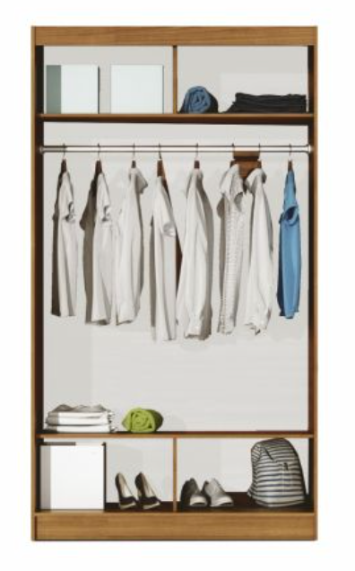 Clothing rack with shirts and shoes in a wooden frame